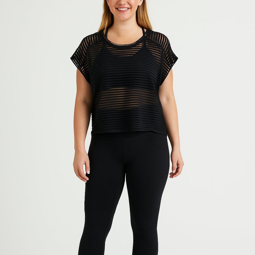 RARE Zella Cap Sleeve Ribbed Striped Black Mesh Oversized Workout Top L XL